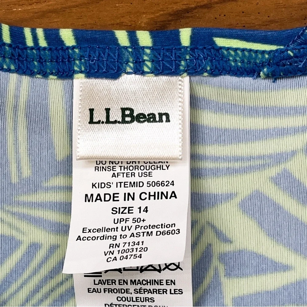 L.L.Bean Girls 14 Swim Top UPF 50+ Short Sleeves Crew Neck‎ Tropical Leaf Print